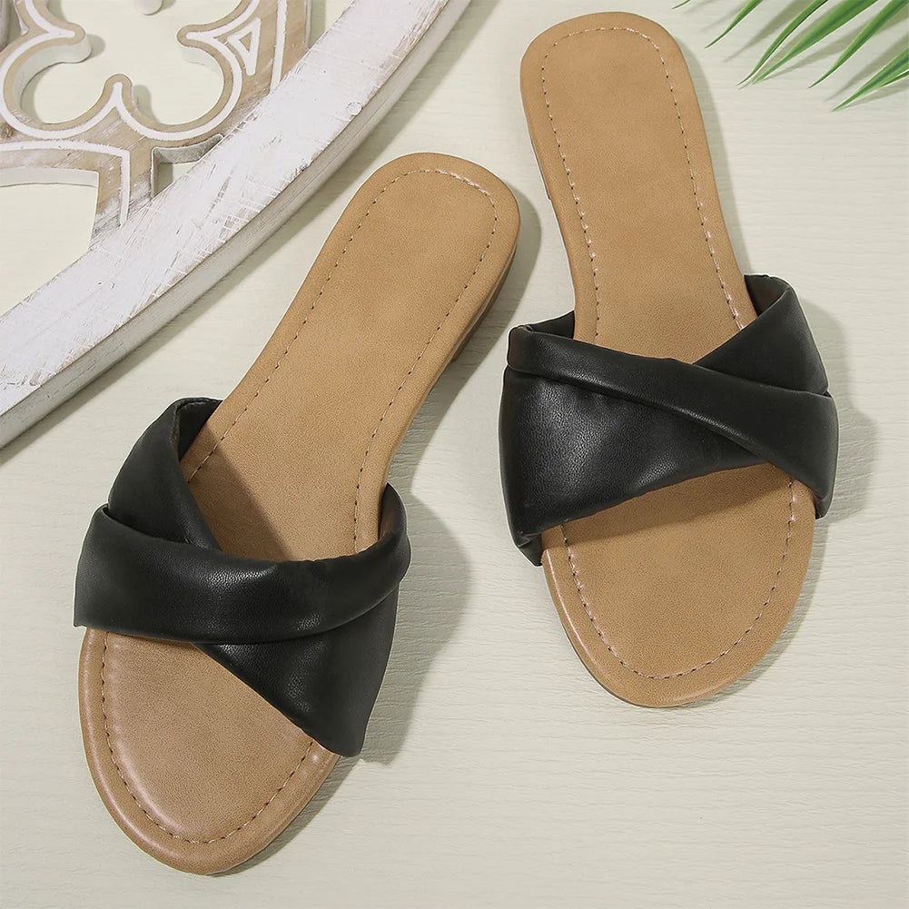 Women Flat Sandals Soft Leather Fashion Slides Summer Indoor Outdoor Peep Toe Wedge Slippers