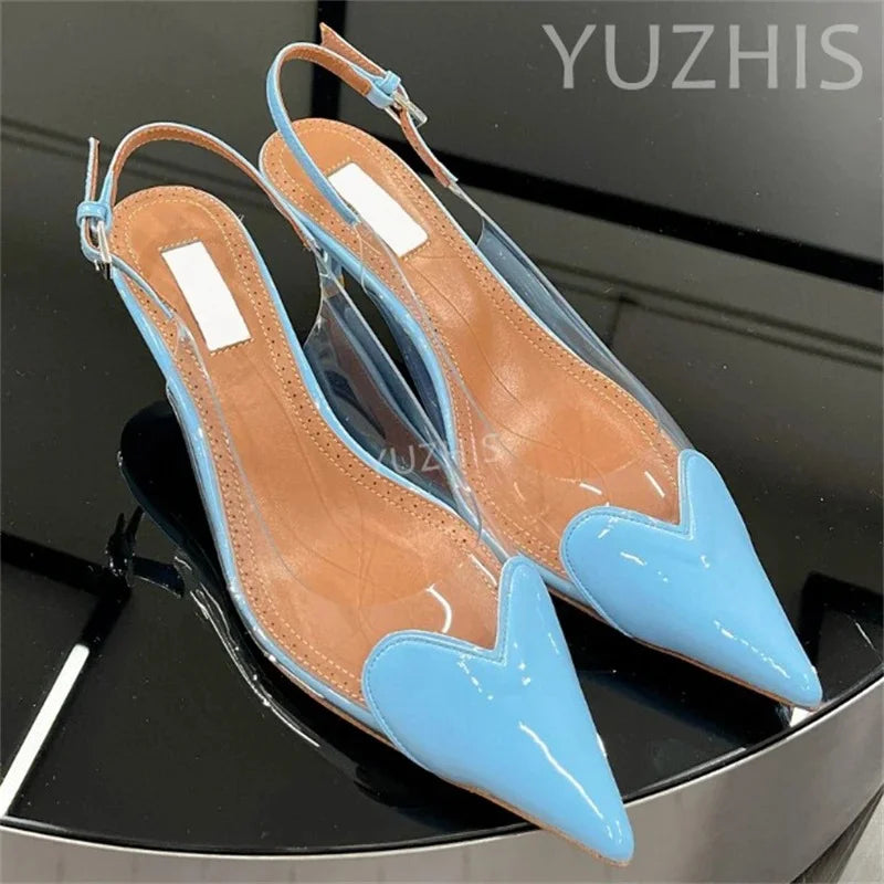 Patent Leather PVC Pointed Toe Summer Shoes for Women with Back Buckle Strap Shallow Heels Luxury Party Dress Wedding Sandals