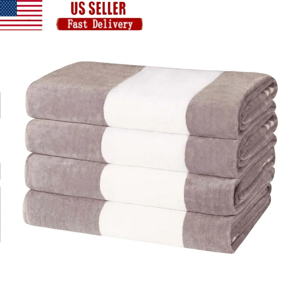 Oversized 4 Piece Cotton Beach Towel Set Quick Dry Plush Coastal Striped Absorbent Soft Velour Ideal for Pool Spa and Vacation