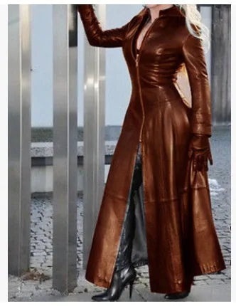 Winter Women's Fashion Cyberpunk Leather Long Jacket Casual Loose Button Solid Color Coats Lapel Biker Jacket