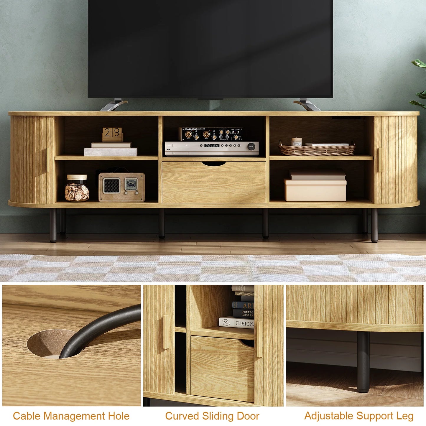 Onbrill 69in TV Stand With Power Outlet Storage Cabinet Adjustable Shelves
