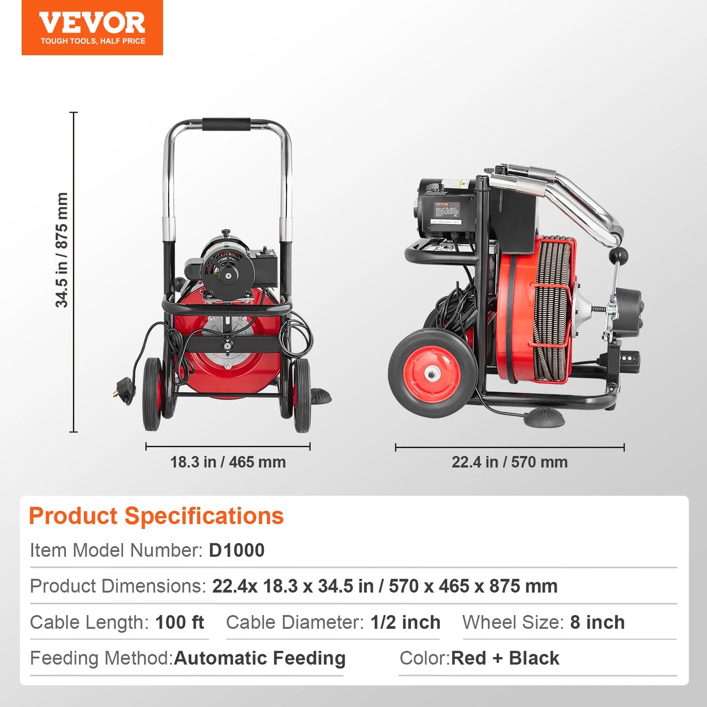 VEVOR Drain Cleaner Machine 100FT Auto Feed Sewer Snake Auger with Wheels 550W Portable Drain Cleaning Machine for Pipes
