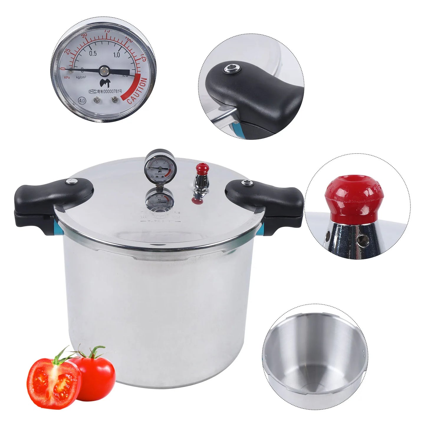 22L/23Qt 32cm Aluminium Pressure Cooker Large Capacity With Pressure Gauge Preserver Explosion SafetySilver 90Kpa