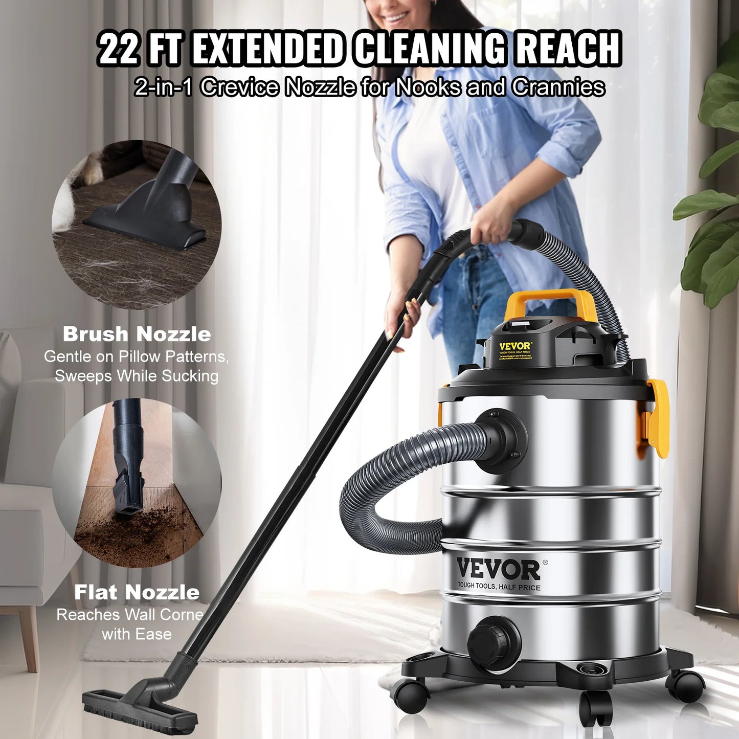 VEVOR Stainless Steel Wet Dry Shop Vacuum Powerful Suction Small Shop Vac for Carpet Debris and Pet Hair