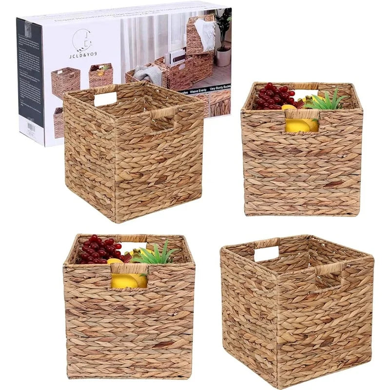 Foldable Handwoven Water Hyacinth Storage Baskets Set of 4 Wicker Cube Bins Rectangular Laundry Organizer Totes for Home and Office