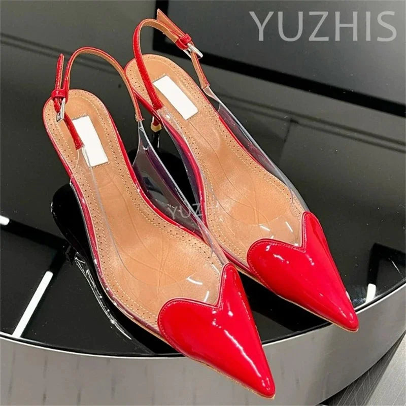 Patent Leather PVC Pointed Toe Summer Shoes for Women Back Buckle Strap Shallow Heels Sandals Luxury Party Dress Wedding Shoes