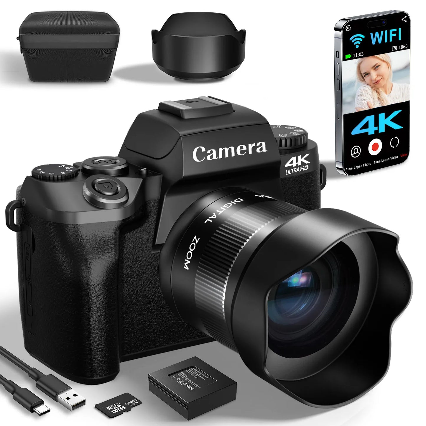 Digital Camera for Photography 4K 64MP WiFi Vlogging Camera with Flash Lens Hood Front and Rear Camera 4 Inch Touch Screen