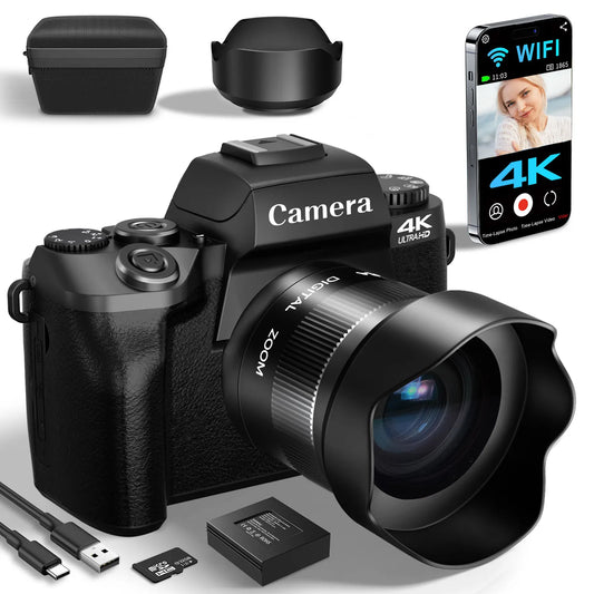Digital Camera for Photography 4K 64MP WiFi Vlogging Camera with Flash Lens Hood Front and Rear Camera 4 Inch Touch Screen