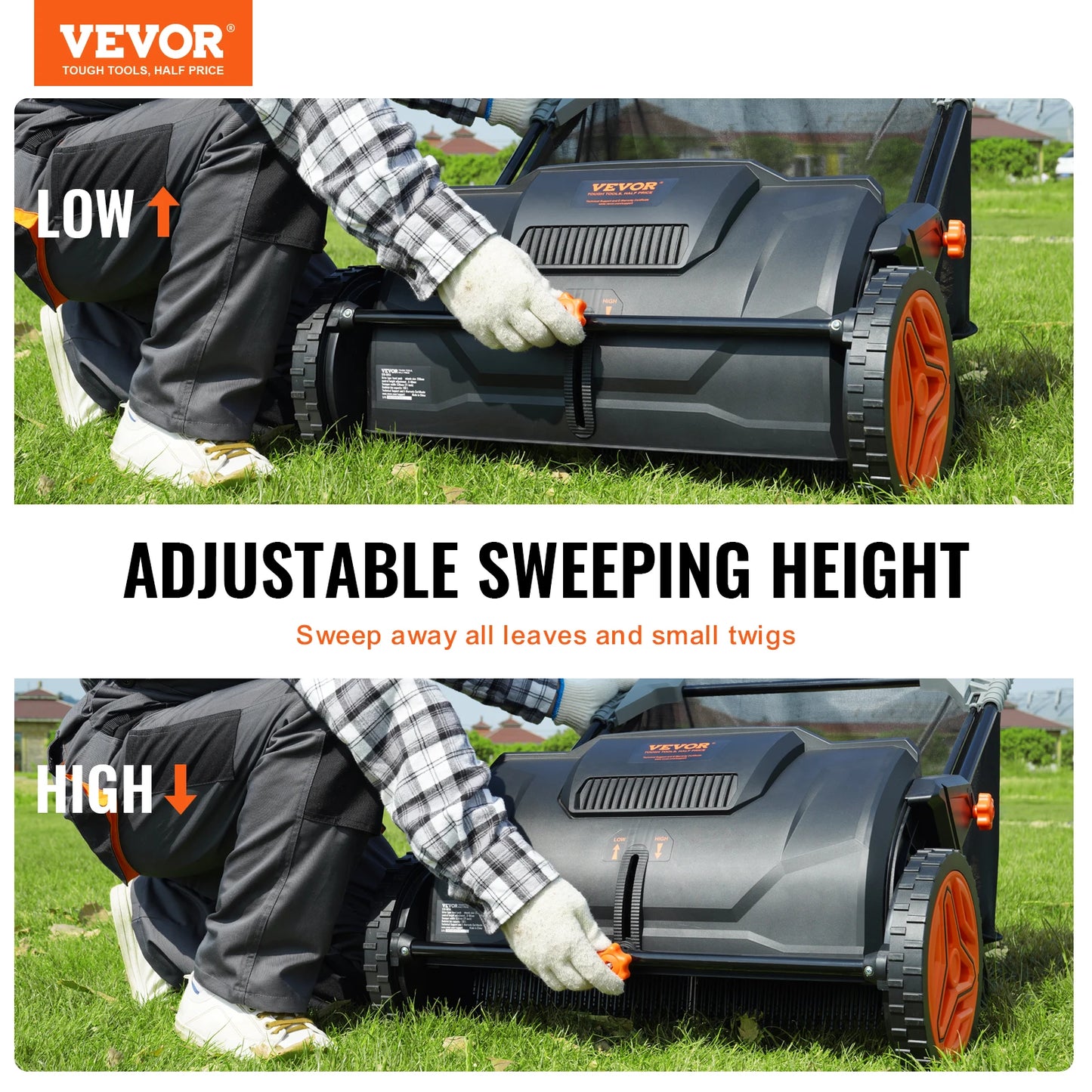VEVOR Push Lawn Sweeper 21 Inch 3.5 Cubic Feet Leaf Grass Collector Durable Steel Mesh Hopper Bag with 2 Spinning Brushes