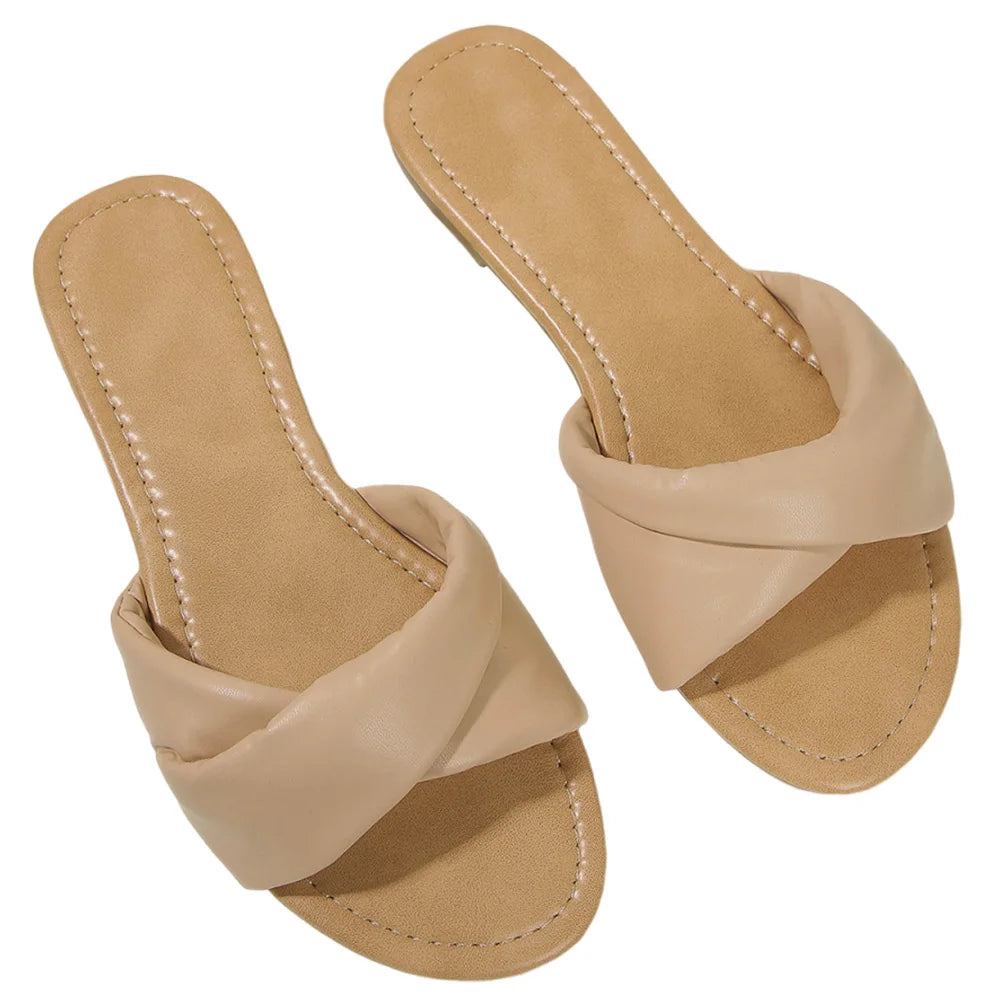 Women Flat Sandals Soft Leather Fashion Slides Summer Indoor Outdoor Peep Toe Wedge Slippers