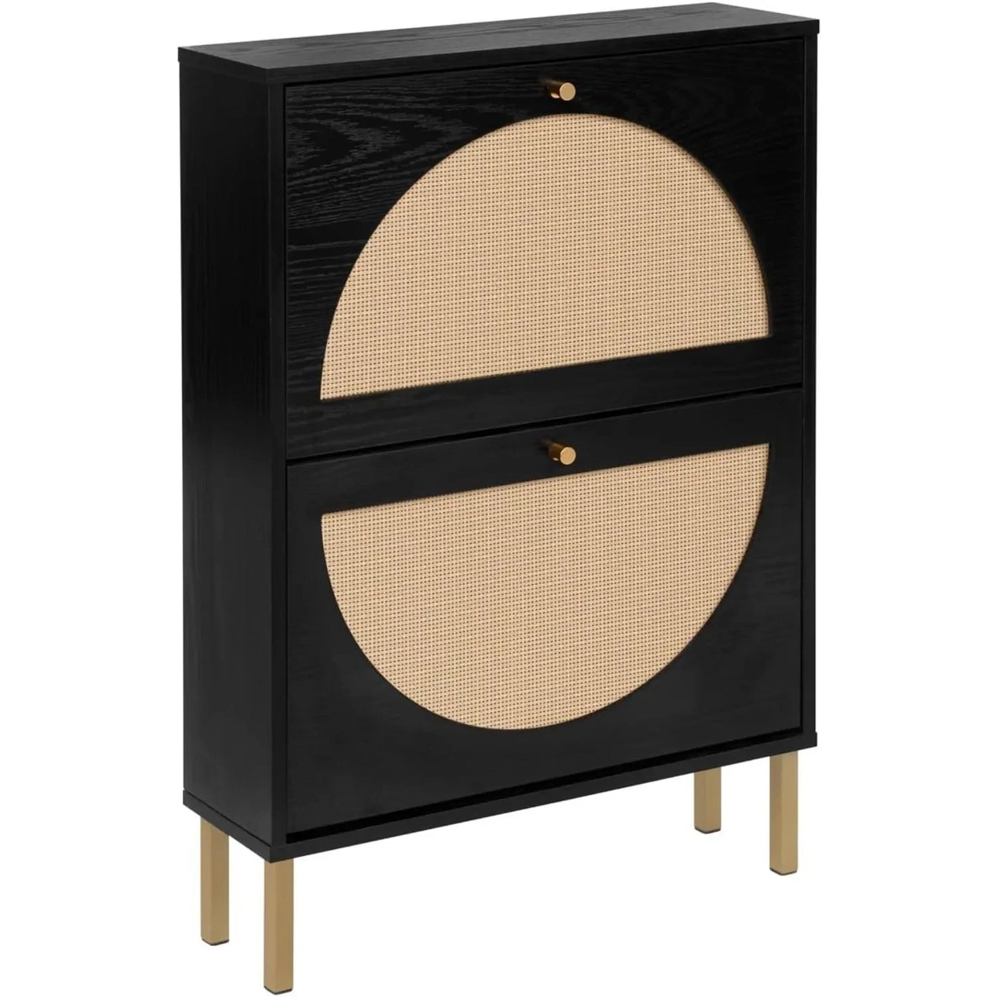 Rattan Shoe Cabinet with Two Flip Drawers Black Free Standing Storage Rack with Metal Legs Shoe Organizer for Entrance Hallway