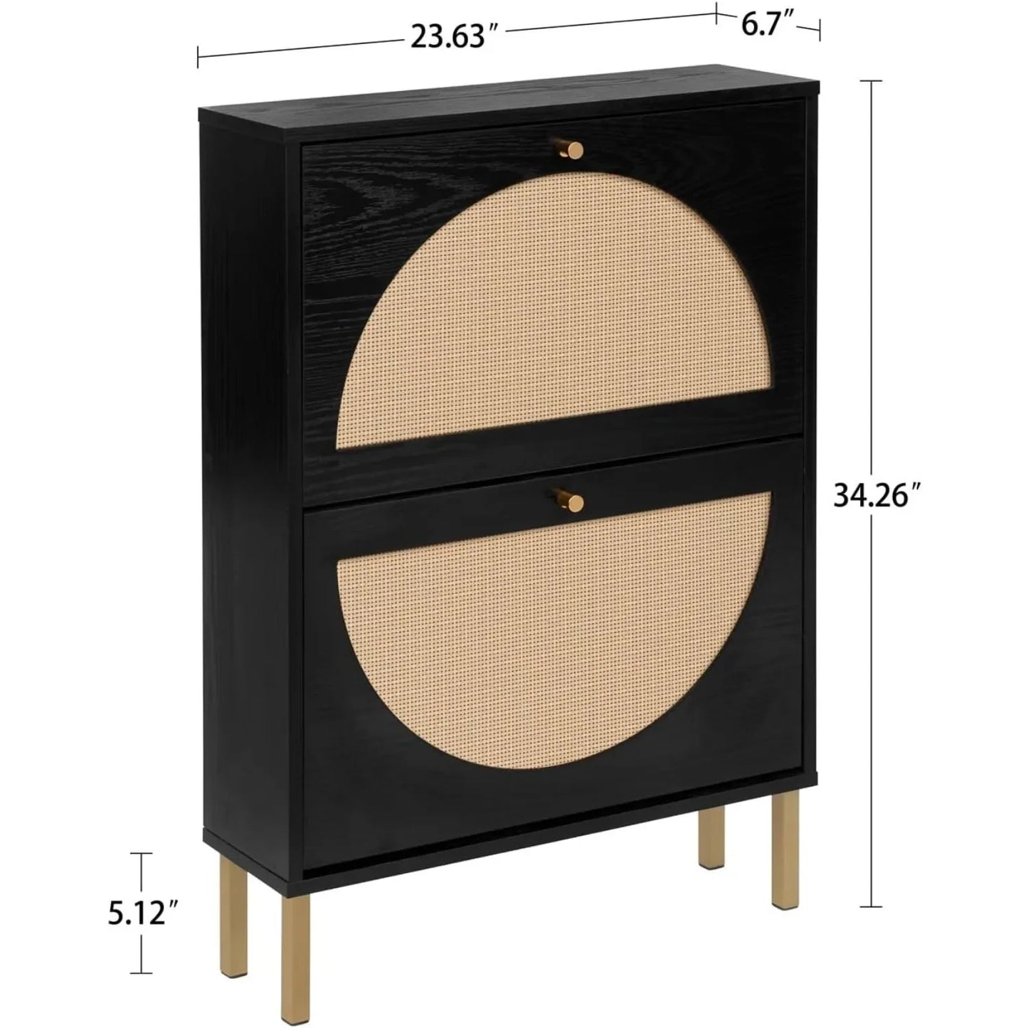 Rattan Shoe Cabinet with Two Flip Drawers Black Free Standing Storage Rack with Metal Legs Shoe Organizer for Entrance Hallway