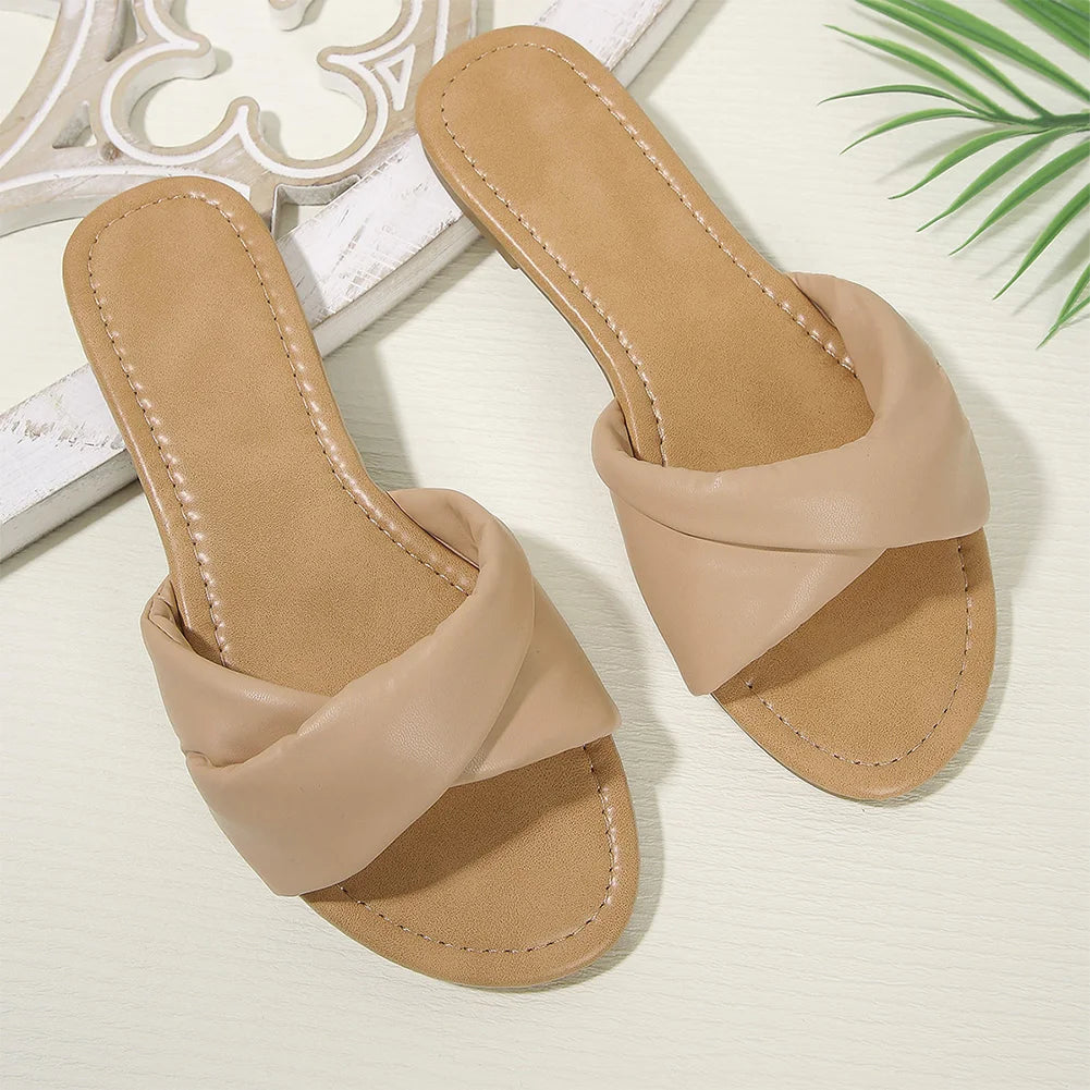 Women Flat Sandals Soft Leather Fashion Slides Summer Indoor Outdoor Peep Toe Wedge Slippers
