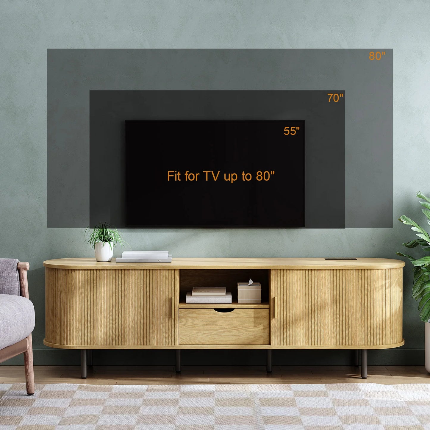 Onbrill 69in TV Stand With Power Outlet Storage Cabinet Adjustable Shelves