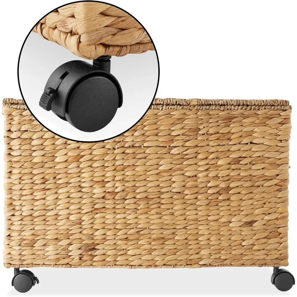 Rolling Storage Basket Cart with Lid and Locking Wheels, Natural Handwoven Water Hyacinth Divided Bin
