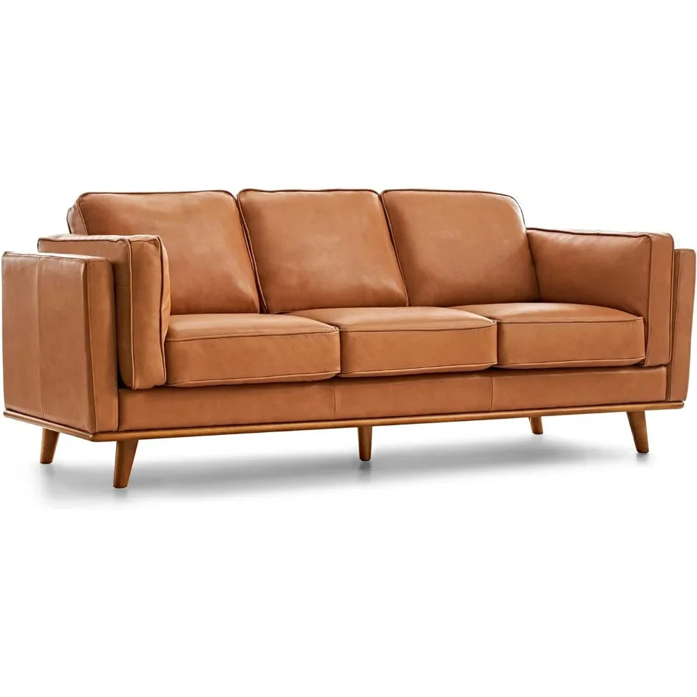 Full Leather Sofa 88”-Pure Full Italian Nappa Leather Couch,Solid Wood Accent,Ultimate Comfort,Cognac Tan Living Room Furniture