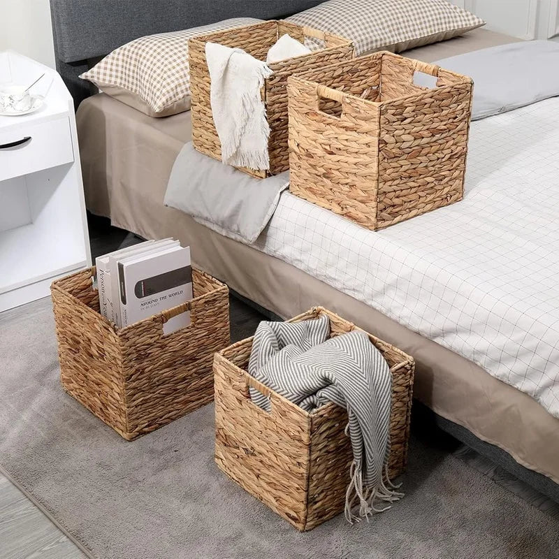 Foldable Handwoven Water Hyacinth Storage Baskets Set of 4 Wicker Cube Bins Rectangular Laundry Organizer Totes for Home and Office