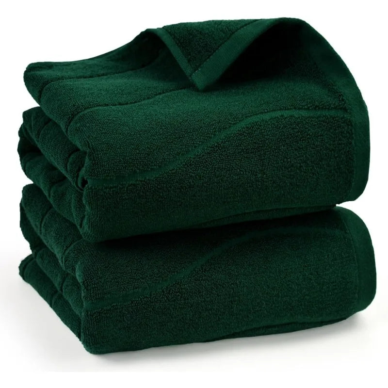 100 Percent Cotton Bath Towels Set of 2 in Forest Green Wavy Striped Jacquard 27.5 Inch x 55 Inch Quick Dry Towel for Bathroom Pool Gym Swim
