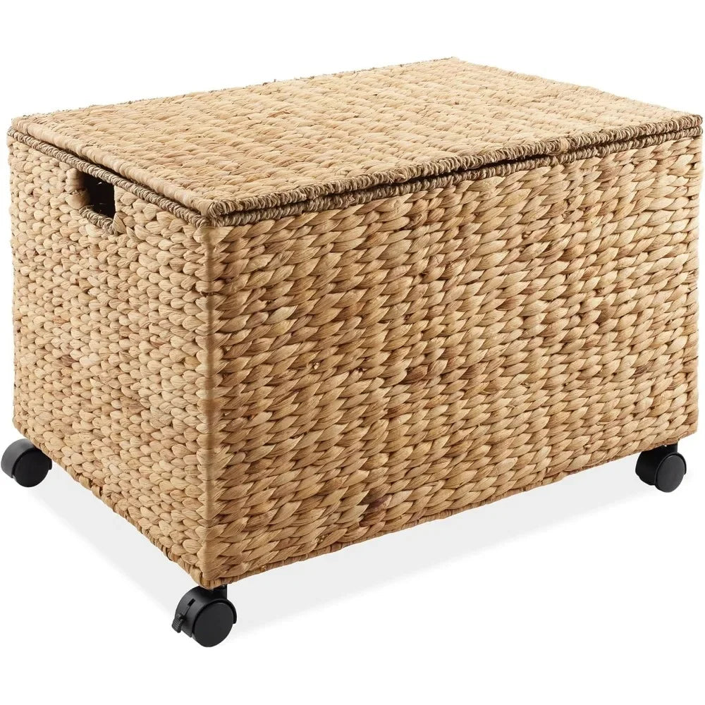 Rolling Storage Basket Cart with Lid and Locking Wheels, Natural Handwoven Water Hyacinth Divided Bin