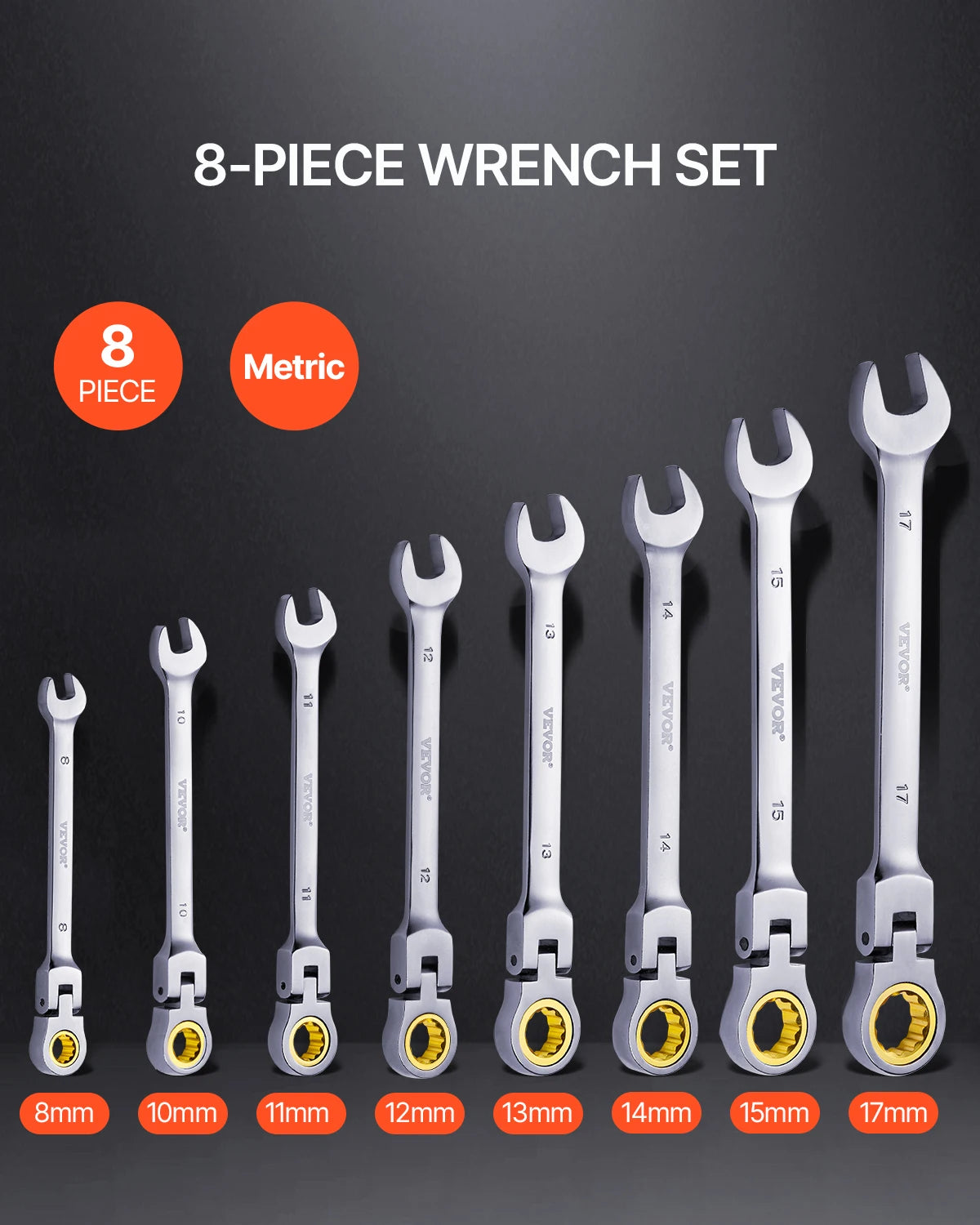 VEVOR Flex Head Ratcheting Wrench Set 8 Piece Combination Wrench Set with Roll Up Pouch Steel Flexible Ratcheting Wrenches SAE Metric
