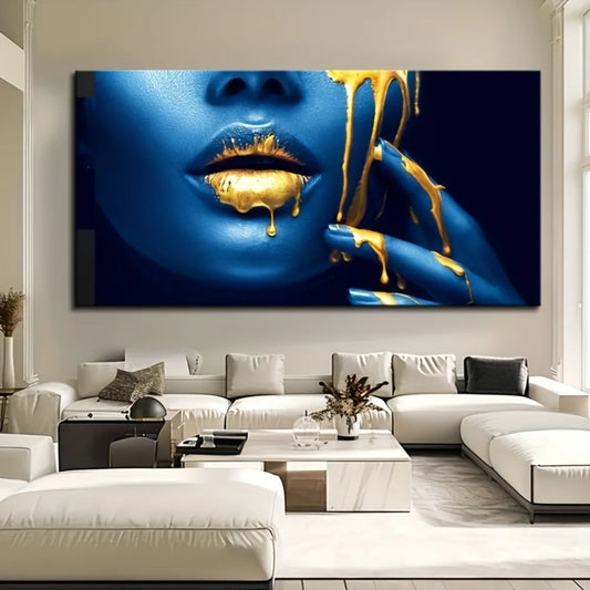 Stunning African Women's Abstract Canvas Print in Blue Gold Frame