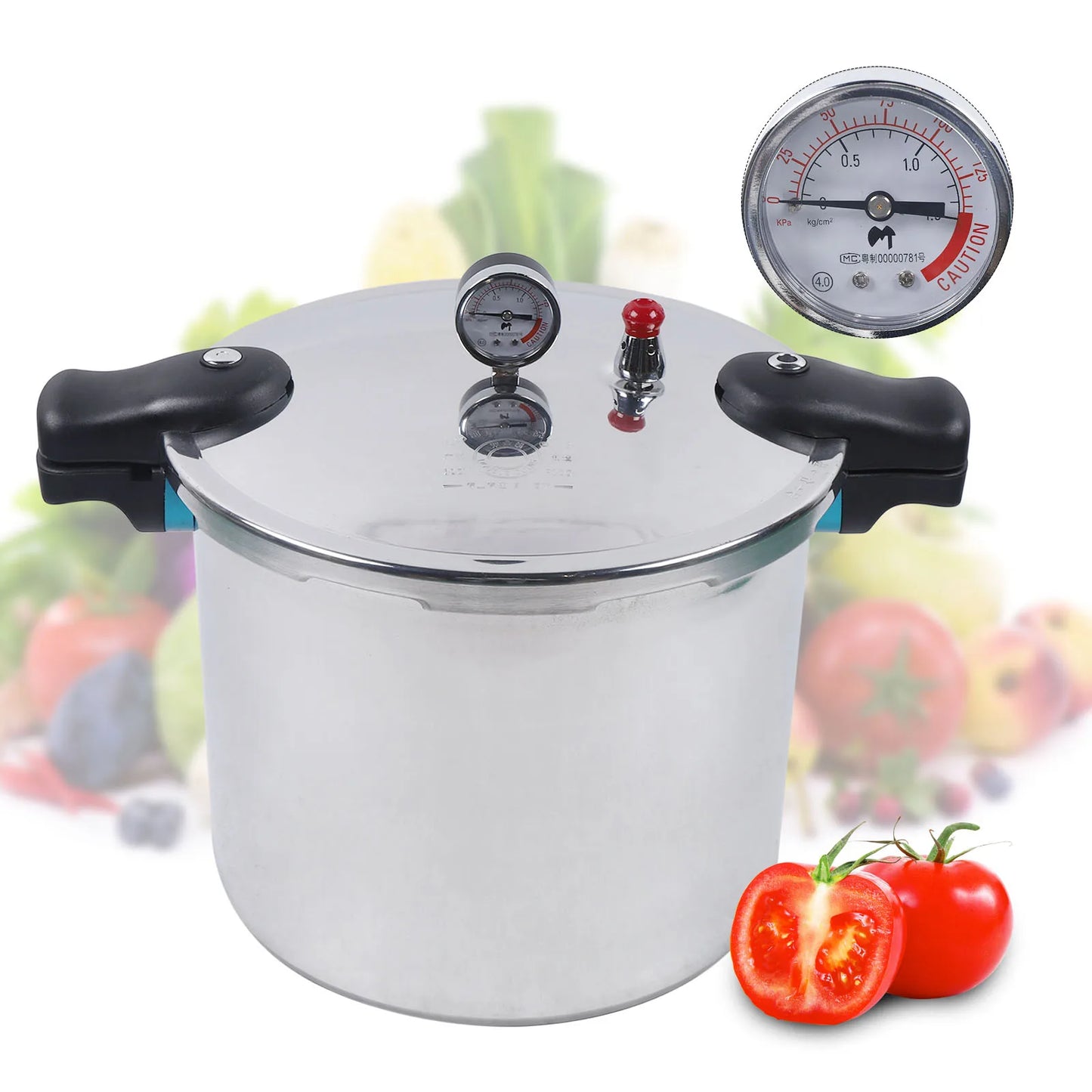 22L/23Qt 32cm Aluminium Pressure Cooker Large Capacity With Pressure Gauge Preserver Explosion SafetySilver 90Kpa