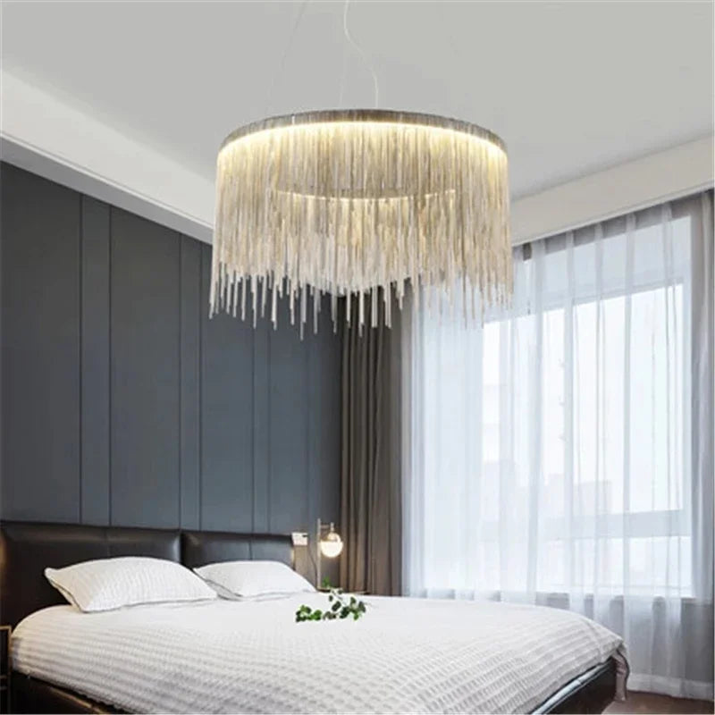 Ceiling Chandelier Gold Chains Remote Modern Tassel Aluminum Chain LED Pendant Light Kitchen Living Room Hanging Lamp
