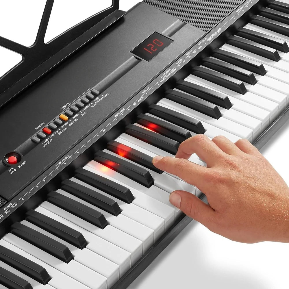 61-Key Digital Electronic Keyboard Piano with Light Up Keys, Includes Stand, Bench, Headphones, Mic