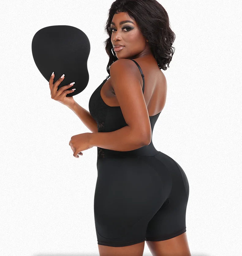 Sexy Overbust Full Body Shaper Lace Shapewear Bodysuit with Hip Pads Butt Lifter and Waist Slimmer Slimming Control Panties