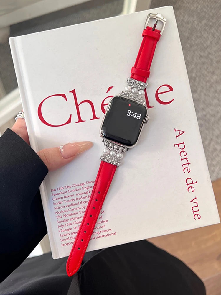 Luxury strap for Apple Watch Band 44mm 45mm 40mm-41mm 42 women Genuine Leather red Bracelet series 8 7 SE 6 5 4 Ultra 49mm bands
