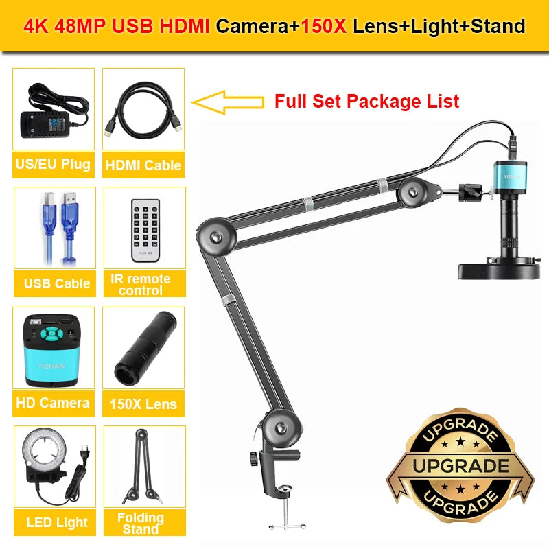 150X Zoom Lens Electronic Digital Microscope 4K 48MP Soldering Camera HDMI USB IMX327 Microscope Tools Ring Light Stand Repair