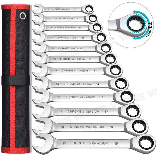 Ratcheting Wrench Set Metric and Standard 12 Point Box End Combination Spanner Gear Wrench Garage Tool Set CR-V Full Polished