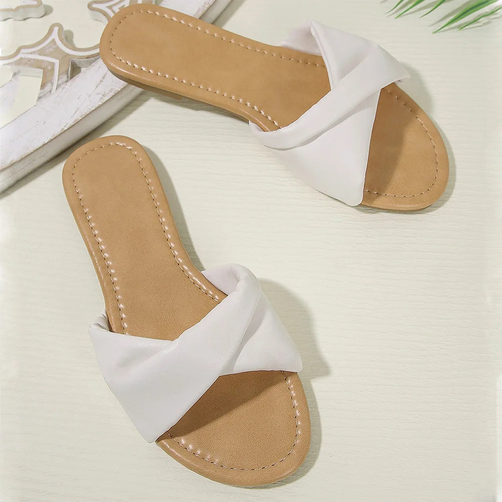 Women Flat Sandals Soft Leather Fashion Slides Summer Indoor Outdoor Wedge Peep Toe