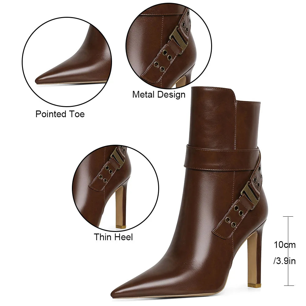 DoraTasia Fashion Pointed Toe Thin High Heel Boots for Women Hollow Metal Buckle Side Zipper Spring Autumn Party Shoes