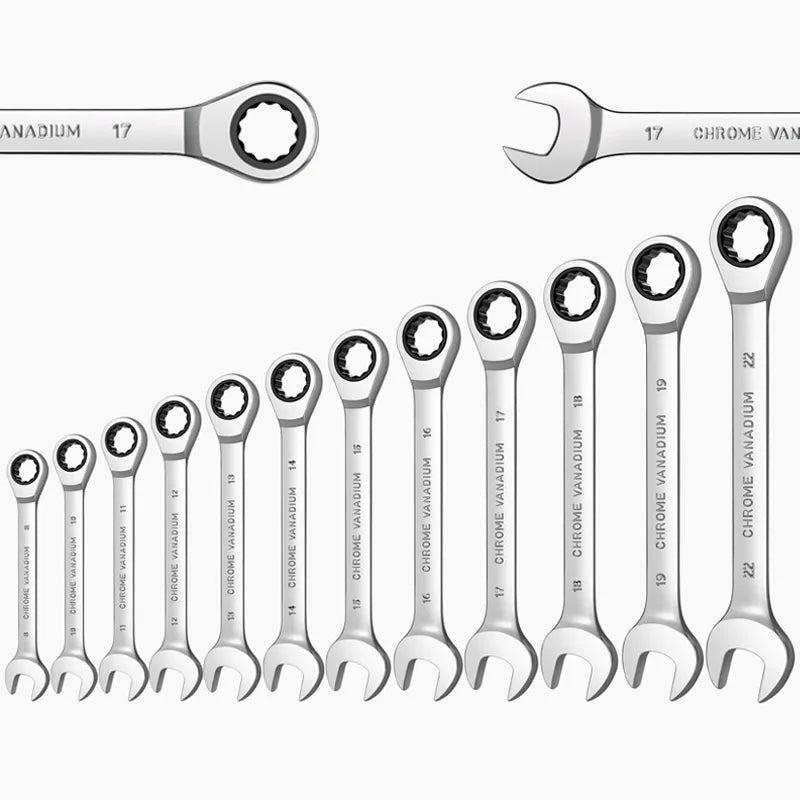 Ratcheting Wrench Set Metric and Standard 12 Point Box End Combination Spanner Gear Wrench Garage Tool Set CR-V Full Polished