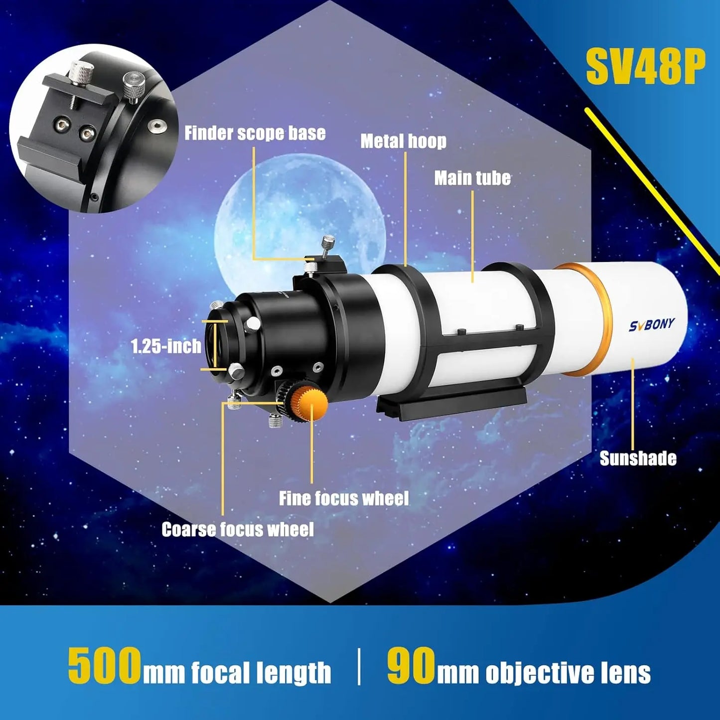 Svbony SV48P OTA Astronomical Telescope Dual Speed Focuser 90mm Aperture F5.5 Refractor for Deep Sky Astrophotography