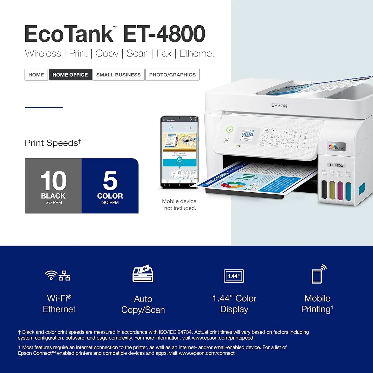 EcoTank ET-4800 Wireless All-in-One Cartridge-Free Supertank Printer with Scanner, Copier, Fax, ADF and Ethernet, White