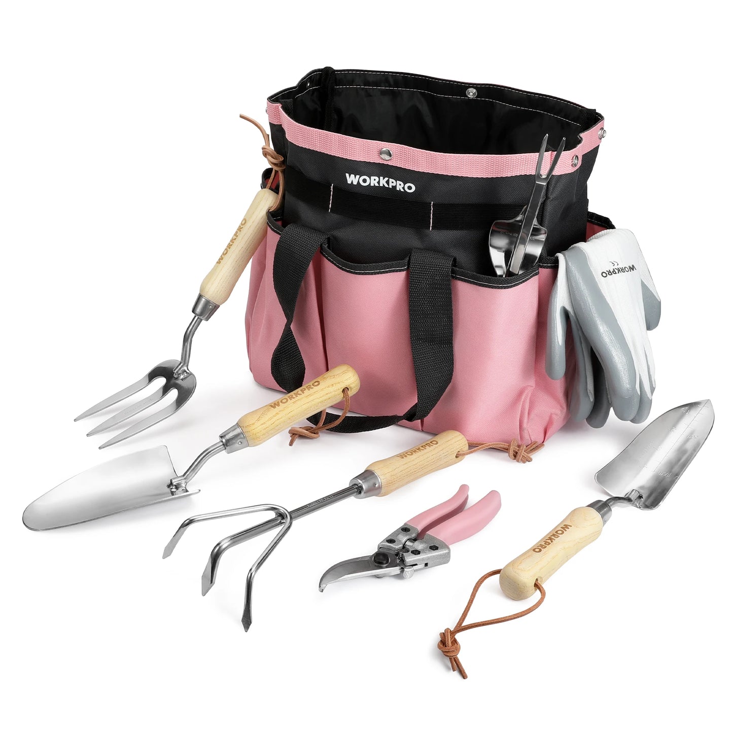 Workpro 8 Piece Pink Garden Tool Set Stainless Steel Gardening Tools with Wood Handle Garden Tote Gloves Trowel