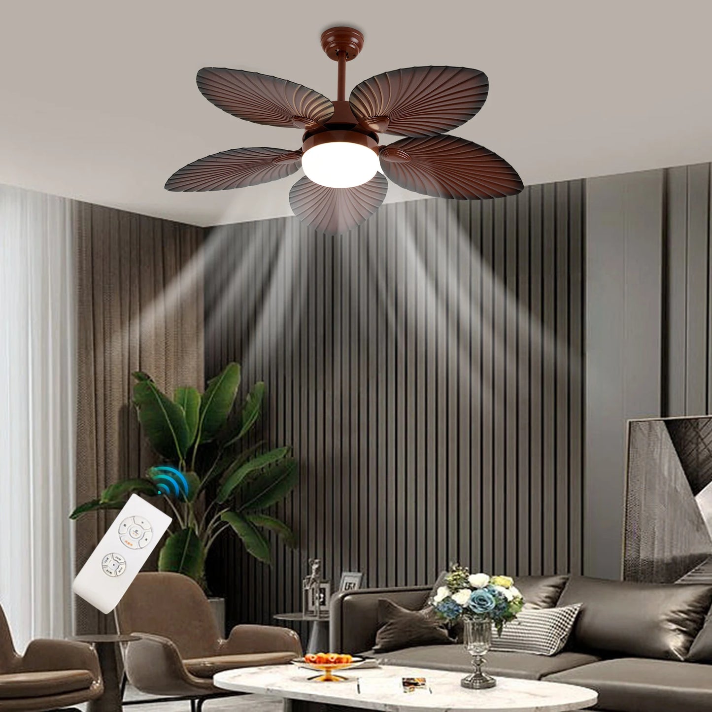 42 Inch Ceiling Fan with Light LED Palm Leaf Chandelier 5 Blade Fan Lamp with Remote Control for Living Room Bedroom