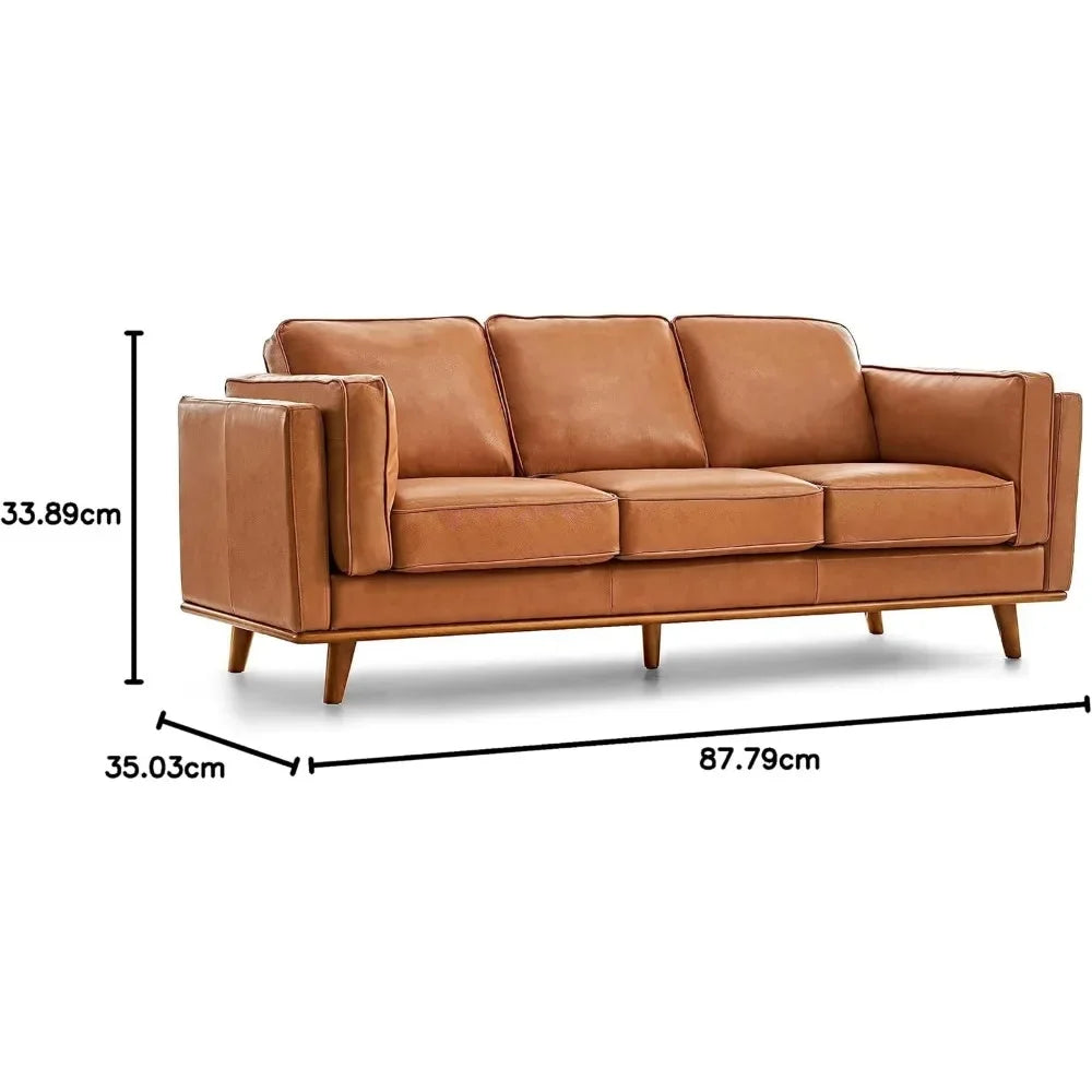 Full Leather Sofa 88”-Pure Full Italian Nappa Leather Couch,Solid Wood Accent,Ultimate Comfort,Cognac Tan Living Room Furniture