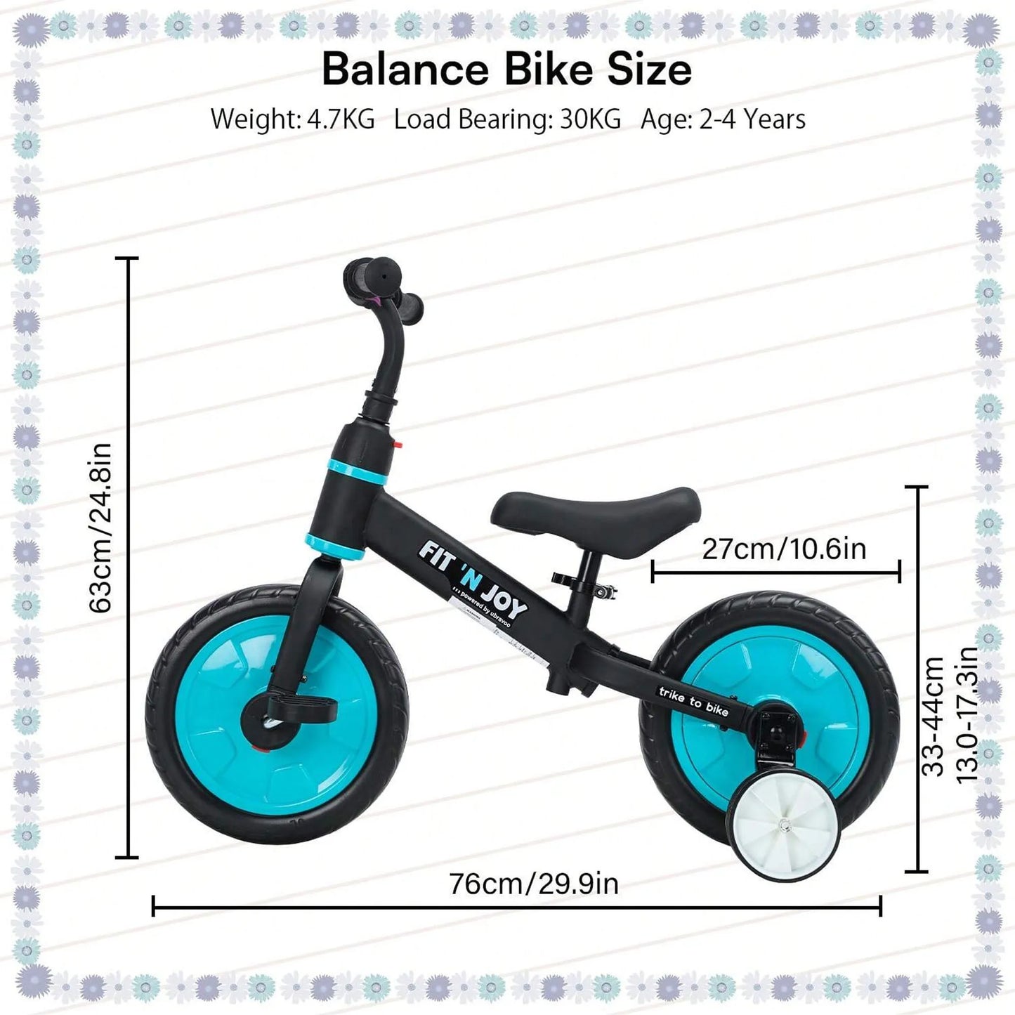 Ubravoo Fit N Joy Beginner Toddler Training Bicycle for Boys Girls 2 to 4 Years 4 in 1 Kids Balance Bike with Pedals and Training Wheels