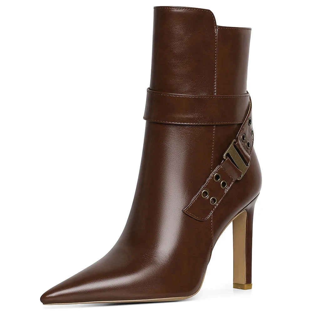 DoraTasia Fashion Pointed Toe Thin High Heel Boots for Women Hollow Metal Buckle Side Zipper Spring Autumn Party Shoes