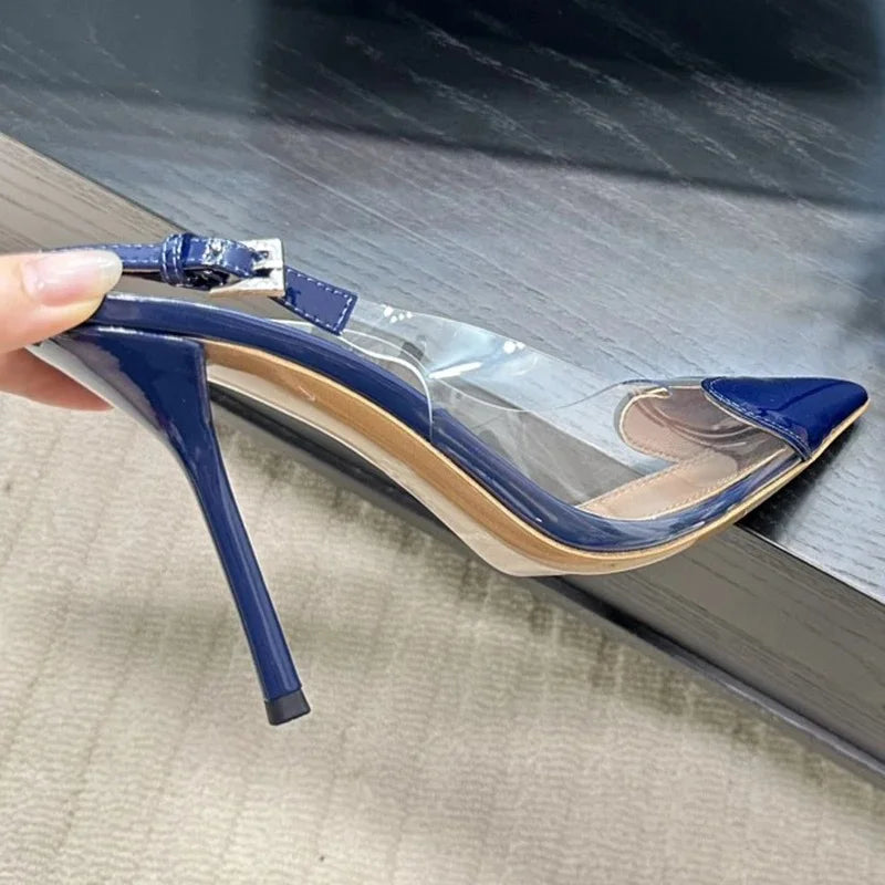 Patent Leather PVC Pointed Toe Summer Shoes for Women with Back Buckle Strap Shallow Heels Luxury Party Dress Wedding Sandals