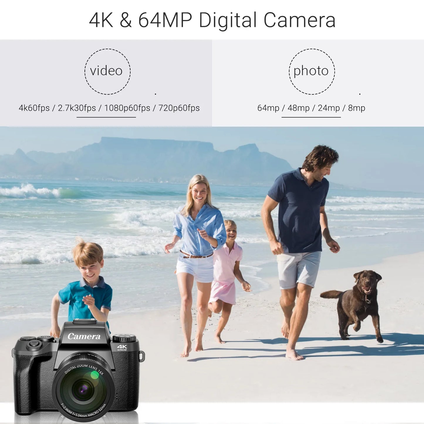 Digital Camera for Photography 4K 64MP WiFi Vlogging Camera with Flash Lens Hood Front and Rear Camera 4 Inch Touch Screen
