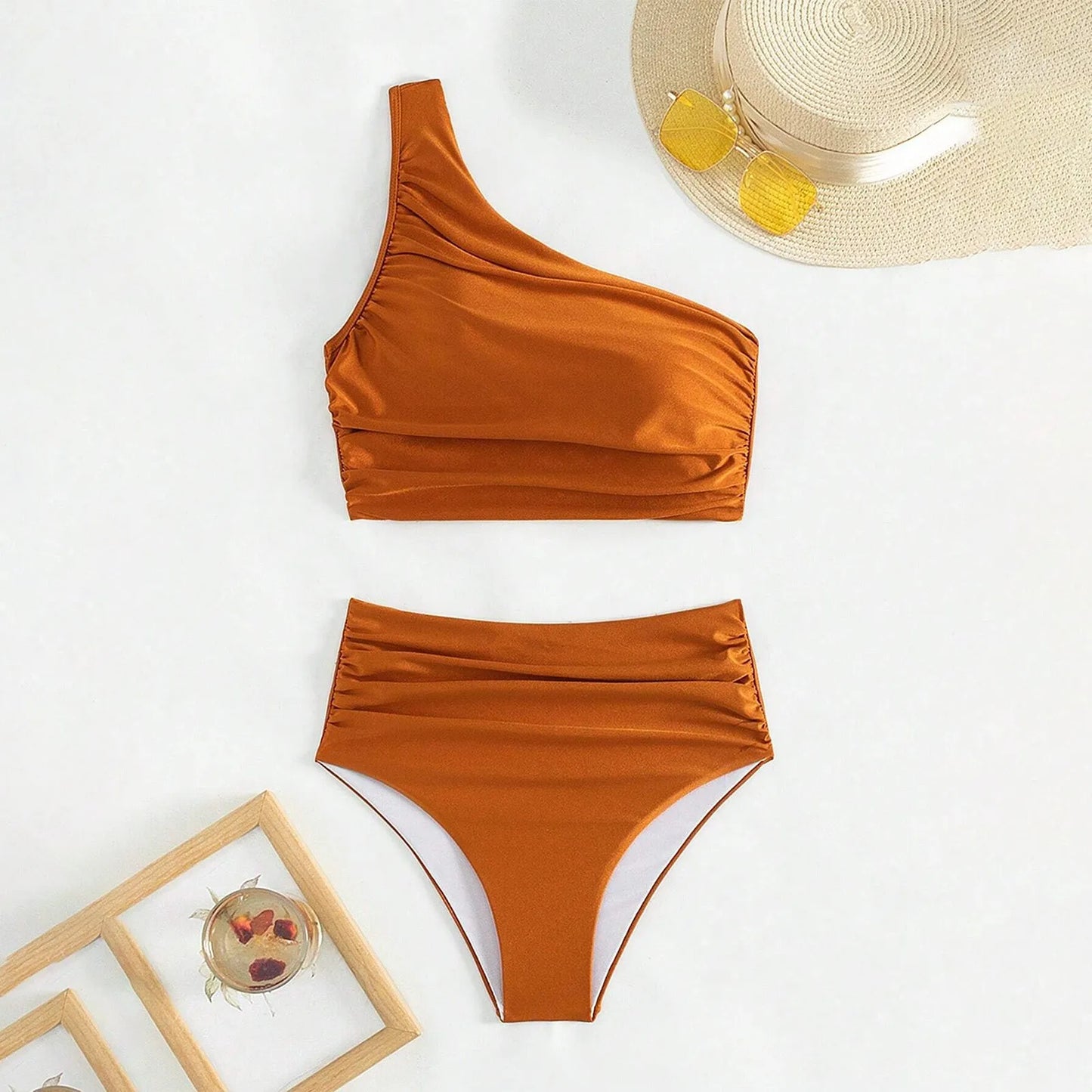 One Shoulder Sleeveless Bikini Set for Women Solid Color Pleated Bandage Bathing Suit Swimwear Summer Beach 2024 Trend