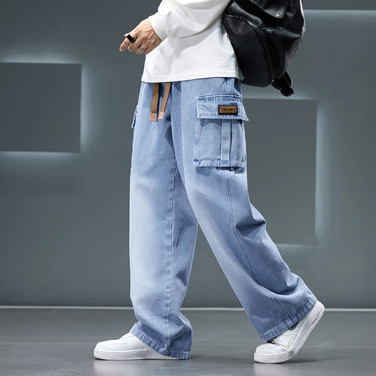 Autumn New Wide Leg Washing Jean Pants for Men Casual Loose Fit Cargo Trousers with Pockets in Big Size 8XL