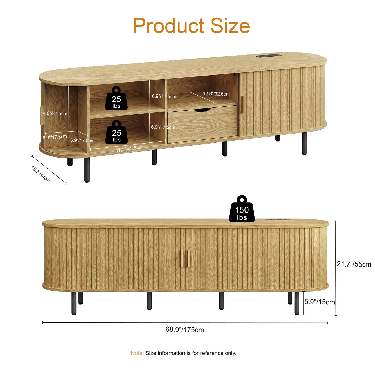 Onbrill 69in TV Stand With Power Outlet Storage Cabinet Adjustable Shelves