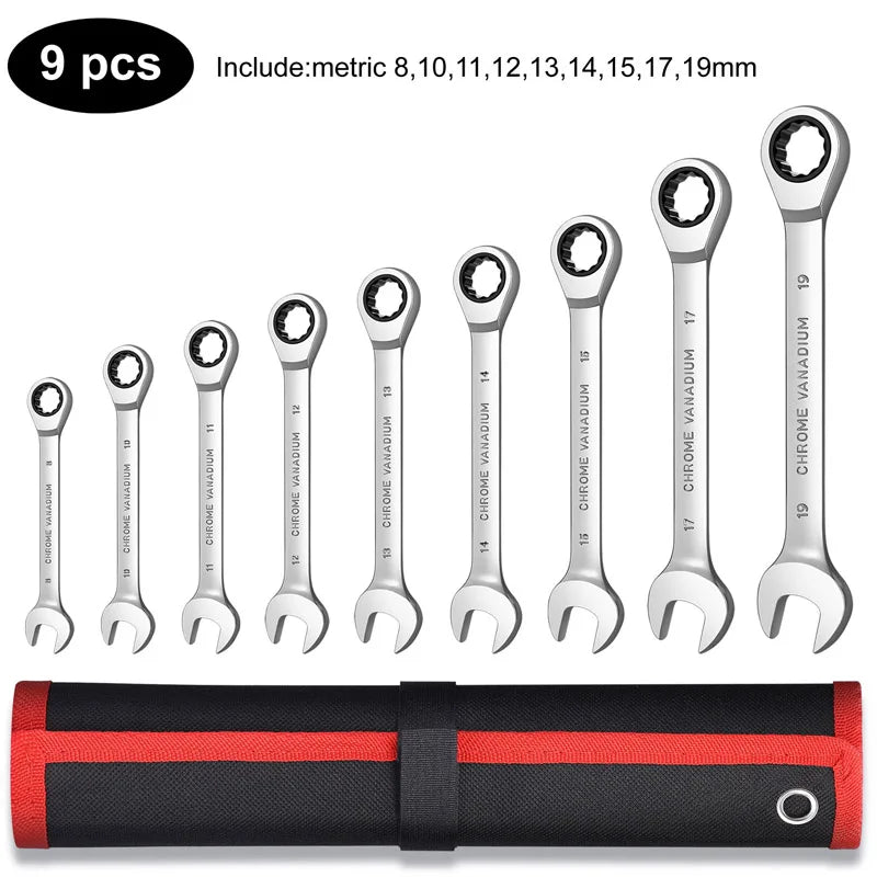 Ratcheting Wrench Set Metric and Standard 12 Point Box End Combination Spanner Gear Wrench Garage Tool Set CR-V Full Polished
