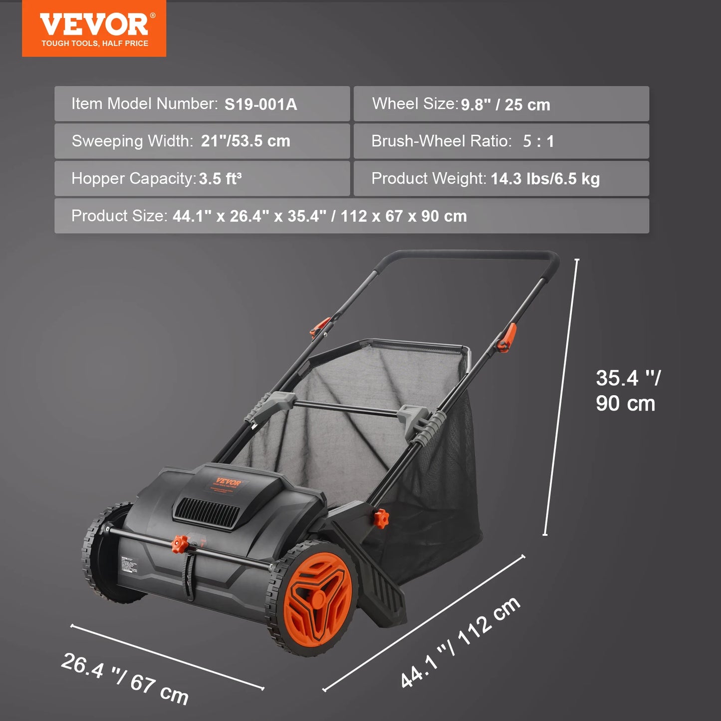 VEVOR Push Lawn Sweeper 21 Inch 3.5 Cubic Feet Leaf Grass Collector Durable Steel Mesh Hopper Bag with 2 Spinning Brushes