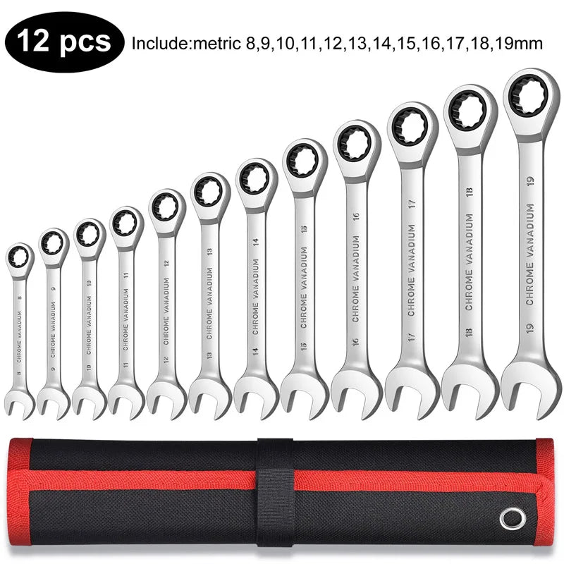 Ratcheting Wrench Set Metric and Standard 12 Point Box End Combination Spanner Gear Wrench Garage Tool Set CR-V Full Polished
